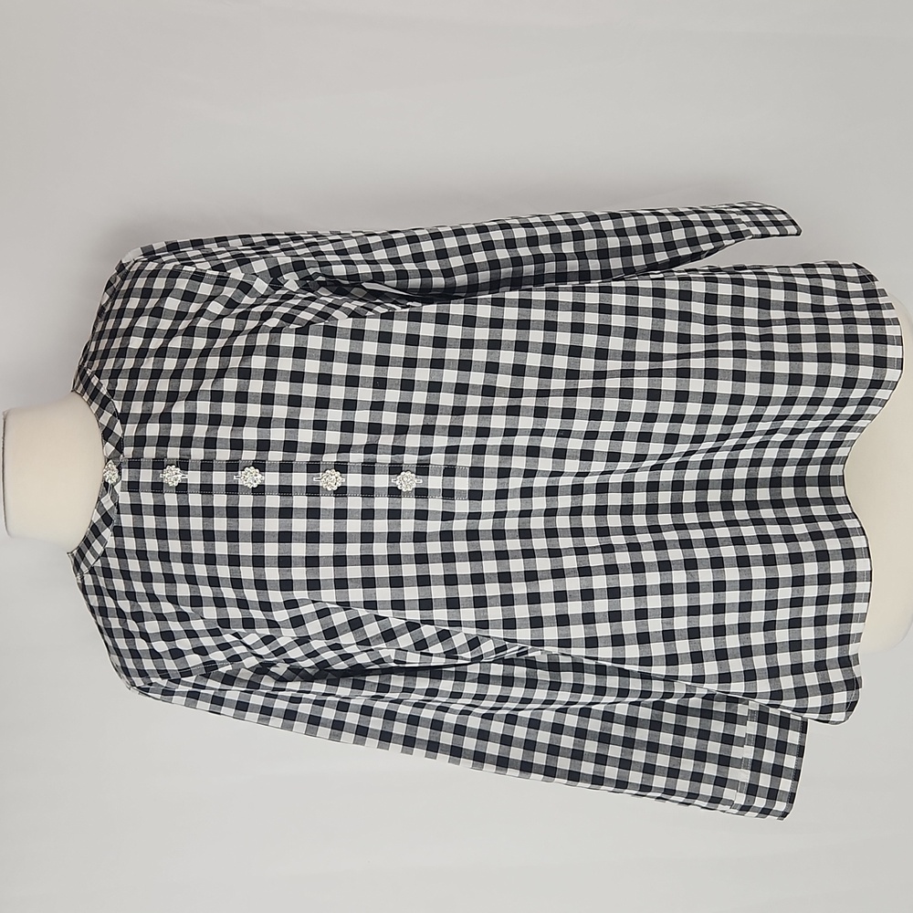 Talbots Petite Gingham Tunic Blouse PL Black White Jeweled Buttons Cotton Preppy